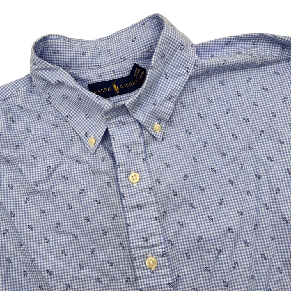 Polo Ralph Lauren Button Down Shirt Large Blue Gingham Anchor Print Long Sleeve - Picture 1 of 6